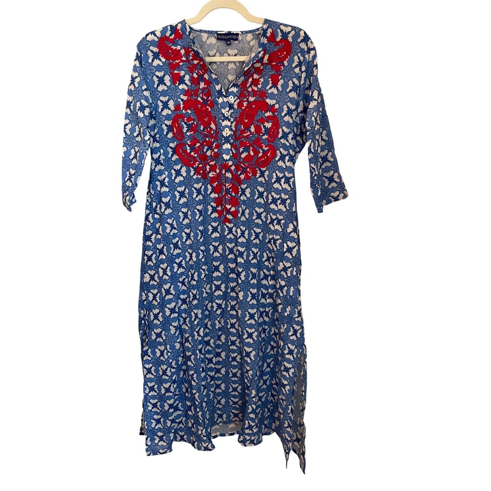 Ros Garden XS Oversized Kurta Midi Dress Blue White Block Print Red Embroidered